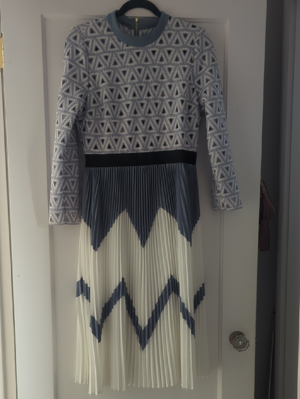 Self-Portrait Blue and Cream Pleated Long-Sleeve Midi Dress